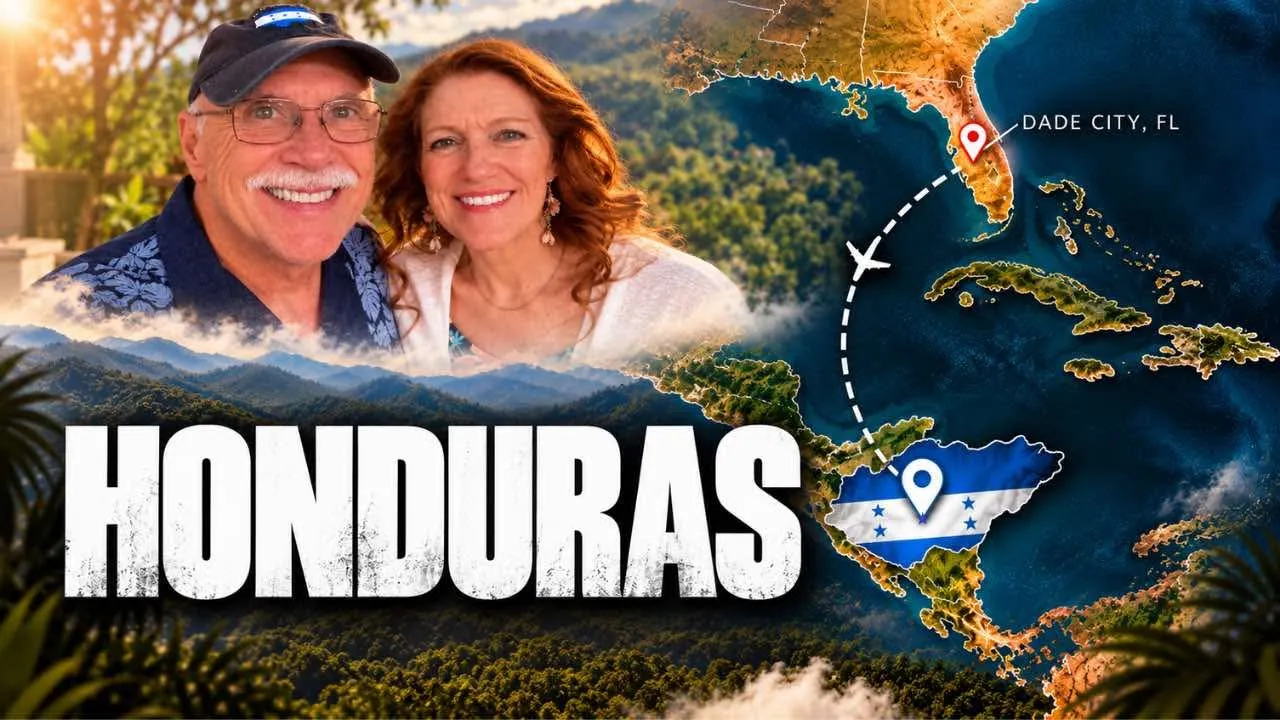 Paul and Loring Hammond above the Honduran mountains, with a map tracing their flight from Dade City, Florida to Honduras.